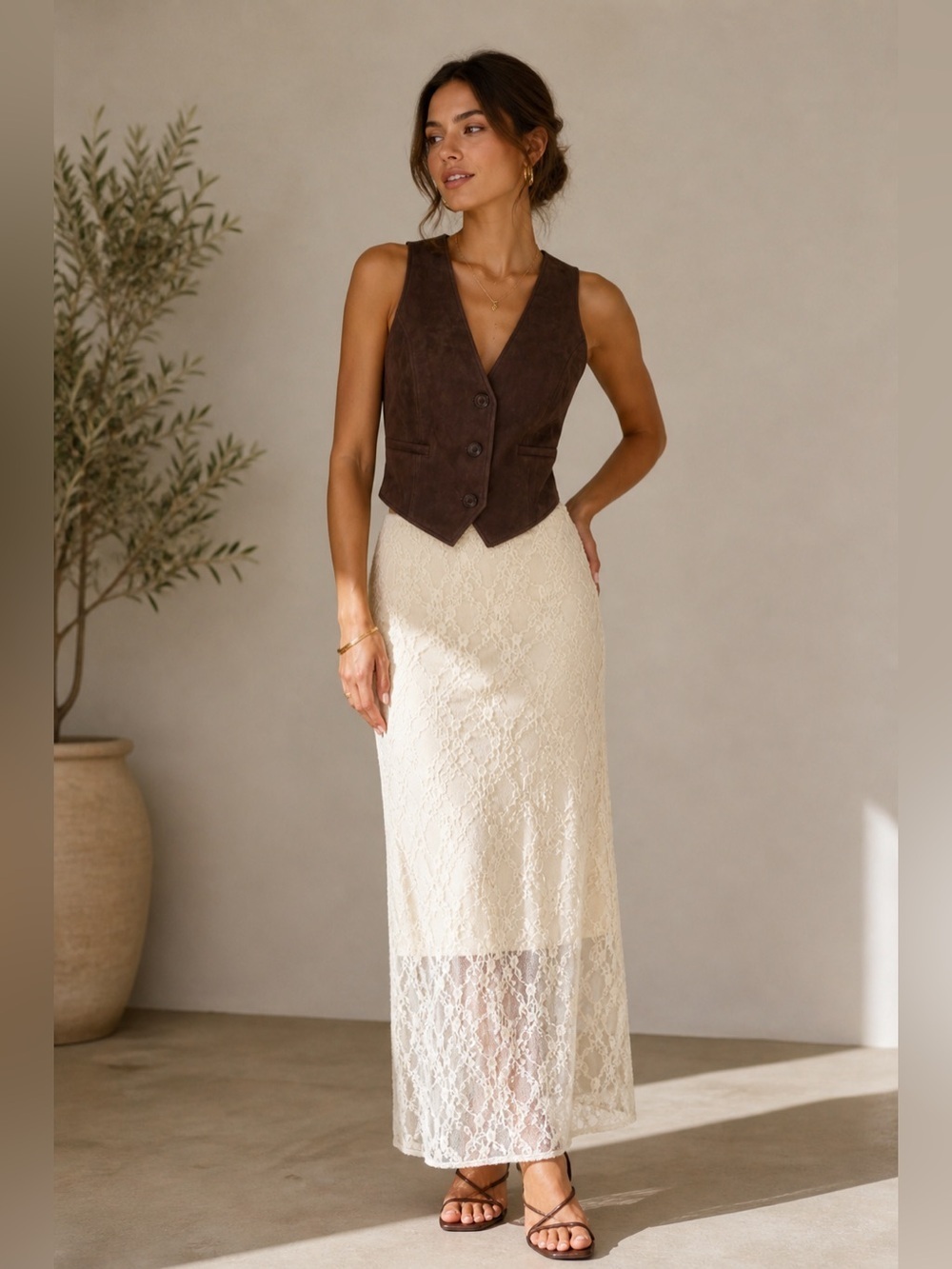 Sincerely ­ Jules Brown Faux Suede Vest & Lace Midi Skirt Set - Boho Chic Outfit